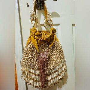 Elegant Beaded Handbag in Mustard and Cream